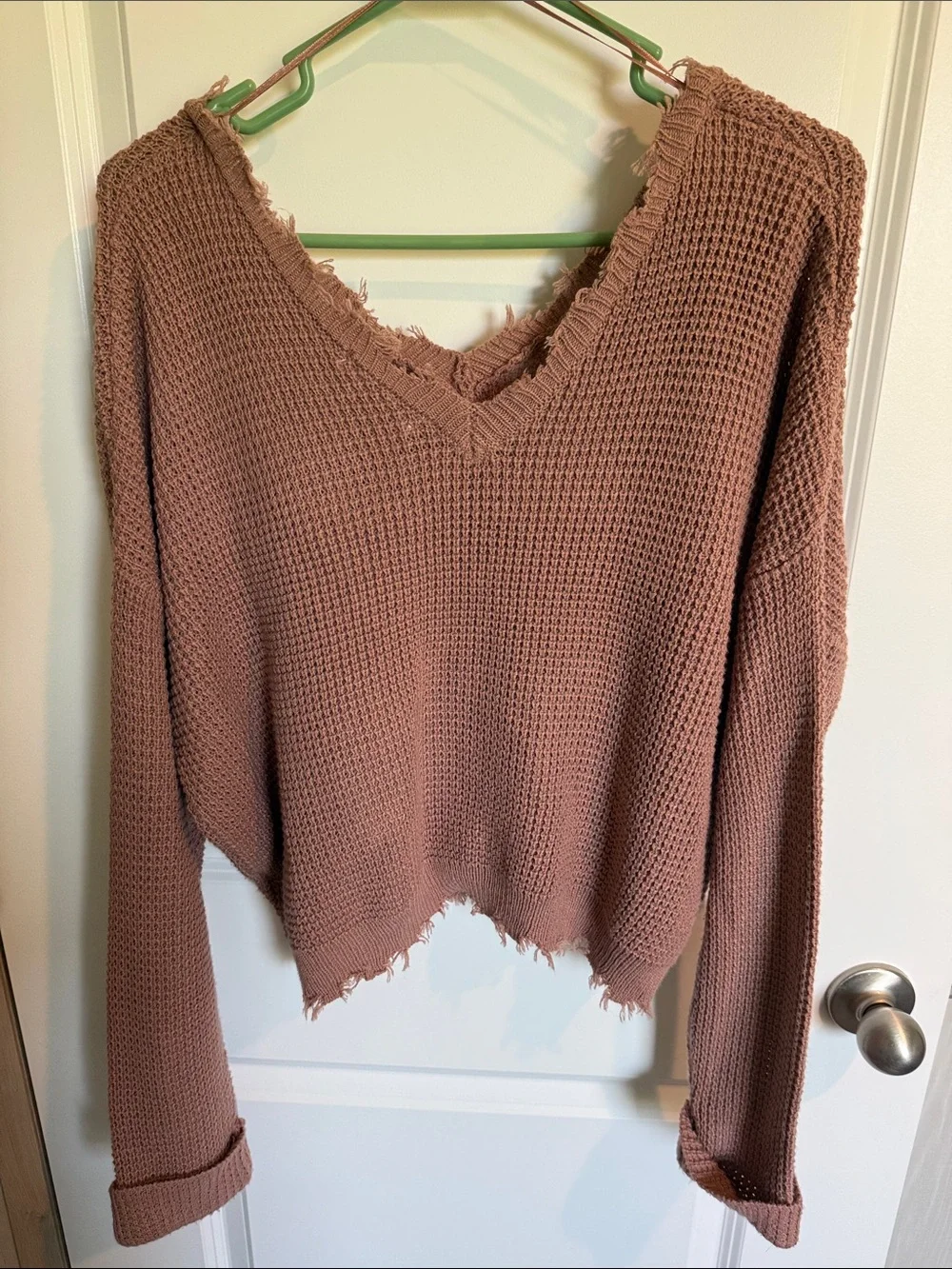 moon & madison Distressed V-Neck Waffle Knit Sweater - Mauve